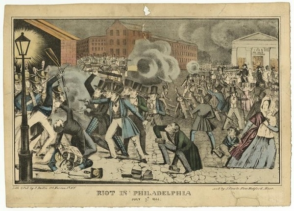 1844년 필라델피아 반이민 개신교 그룹의 아이리쉬 가톨릭 박해를 묘사한 그림. 2곳의 가톨릭 성당이 불타고 약 20명의 가톨릭 신자들이 죽임을 당했다.(Picture: Historical Society of Pennsylvania)