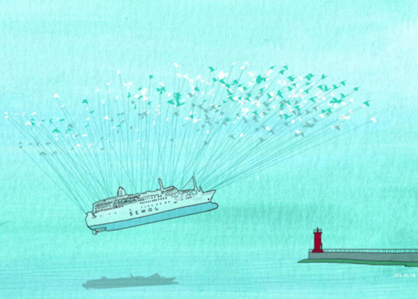 세월호 전복 당시, 독일에 있던 권은비 작가는 어떻게든 세월호를 들어 올리면 좋겠다고 간절한 마음에 울면서 이 그림을 그렸다고 한다.(오마이뉴스)