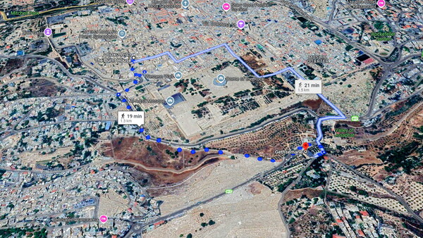 겟세마네에서 안나스 대제사장의 저택 까지는  1.5킬로미터 정도로, 20여분 정도의 거리였을 것이다. ⓒ구글 지도