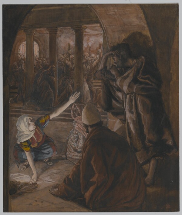 James Tissot (Nantes, France, 1836–1902, Chenecey–Buillon, France). The Third Denial of Peter. Jesus' Look of Reproach (Le troisième reniement de Saint Pierre. Le regard de reproche de Jésus)., 1886–1894. Opaque watercolor over graphite on gray wove paper, Image: 9 3/16 x 7 13/16 in. (23.3 x 19.8 cm). Brooklyn Museum, Purchased by public subscription, 00.159.249 (Photo: Brooklyn Museum, 00.159.249_PS1.jpg)