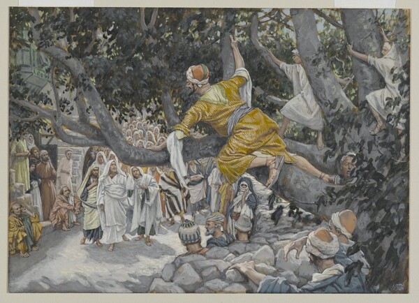 James Tissot (Nantes, France, 1836–1902, Chenecey–Buillon, France). Zacchaeus in the Sycamore Awaiting the Passage of Jesus (Zachée sur le sycomore attendant le passage de Jésus), 1886–1896.