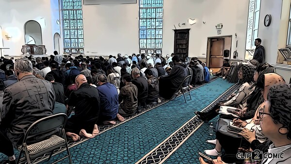 비교종교학 수업을 위해 필자가 진행한 아랍 이슬람 문화 체험 프로그램. 이슬람 사원의 금요일 예배를 참관하고 있는 수강자. ⓒ김동문