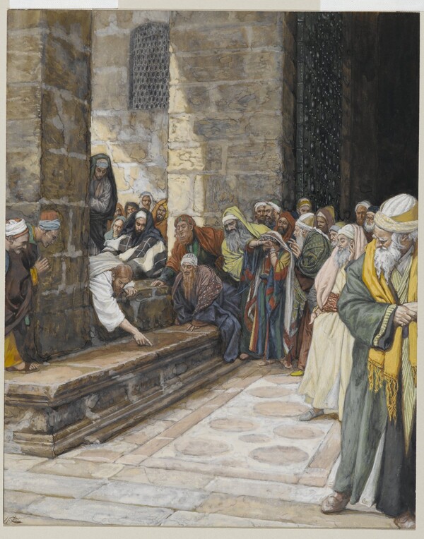 James Tissot (Nantes, France, 1836–1902, Chenecey–Buillon, France). The Adulterous Woman--Christ Writing upon the Ground (La femme adultère--Christ écrit par terre), 1886–1894. Brooklyn Museum.