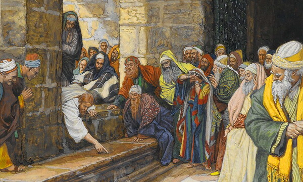 James Tissot (Nantes, France, 1836–1902, Chenecey–Buillon, France). The Adulterous Woman--Christ Writing upon the Ground (La femme adultère--Christ écrit par terre), 1886–1894. Brooklyn Museum.